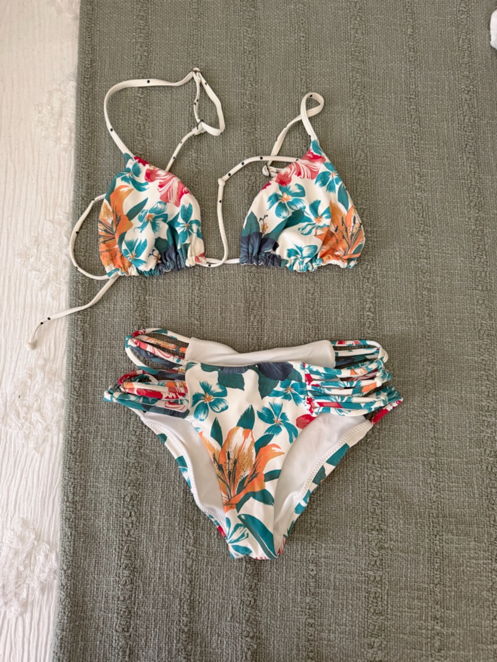 O'Neill Floral Triangle Bikini in White, Teal, Orange, Pink